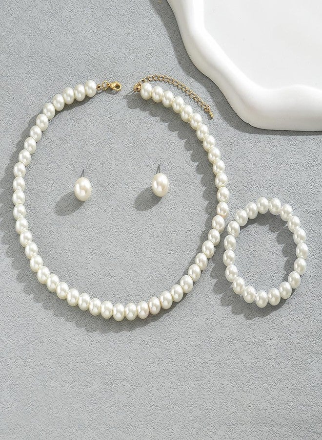 ANGLEQUEEN 3 Pcs Faux Pearl Necklace Bracelet Earrings Set for Women Rhinestone Artificial Pearl Jewellery Accessories for Birthday Wedding Party Prom Jewelry Sets (style2) - Image 5